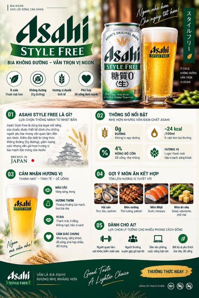Review bia Asahi Style Free: Bia không đường dịu nhẹ 2 Review bia Asahi Style Free: Bia không đường dịu nhẹ
